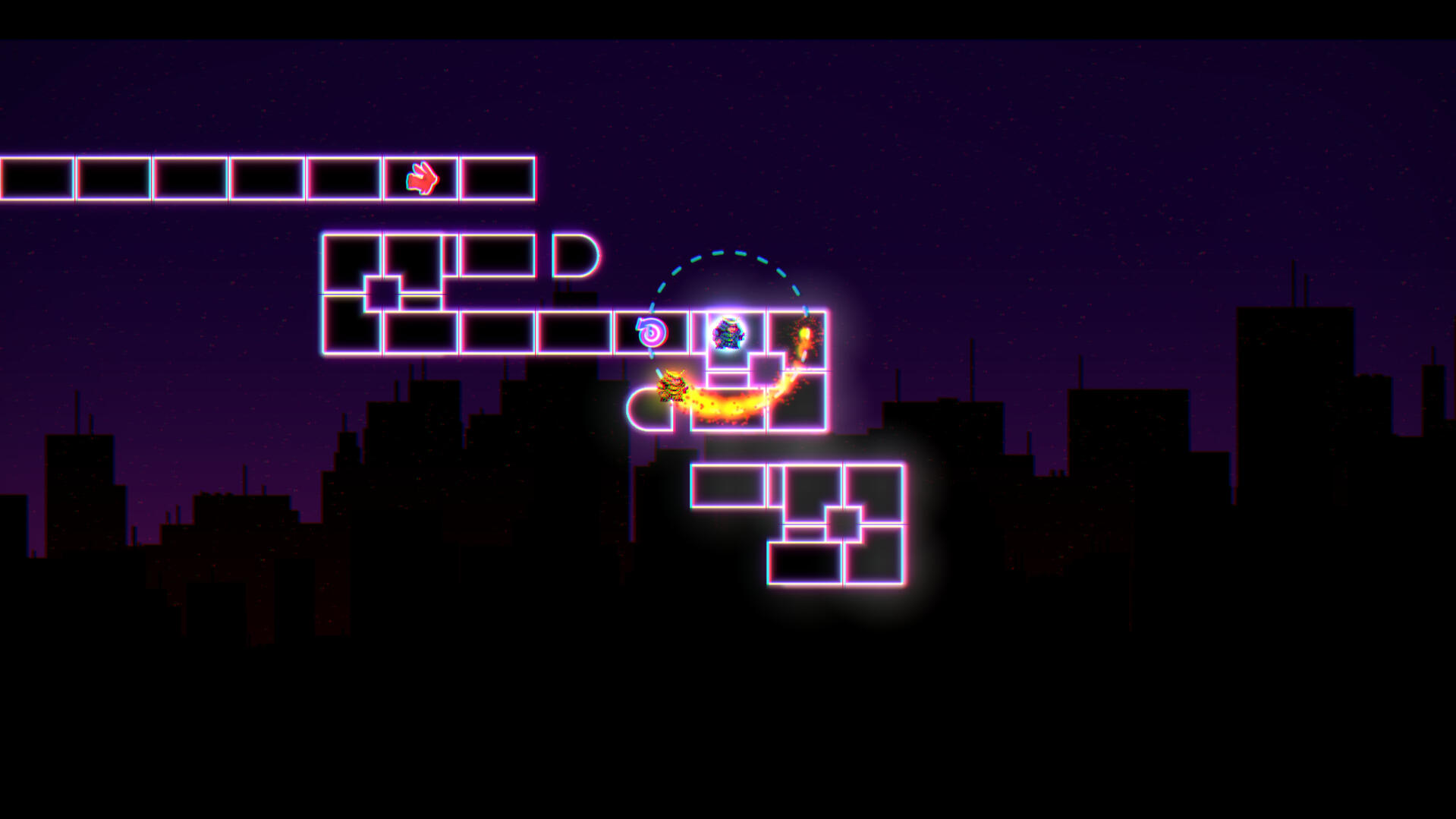 A Dance of Fire and Ice gameplay, the silhouette of a cityscape lays behind with a purple night sky and embers arising from the city.