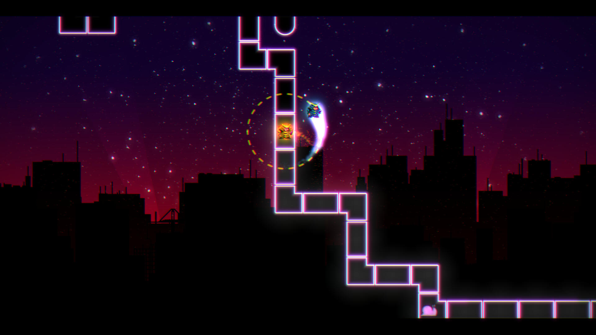 A Dance of Fire and Ice gameplay, the silhouette of a cityscape lays behind with a purple night sky and embers arising from the city, stars are dotted throughout the sky.